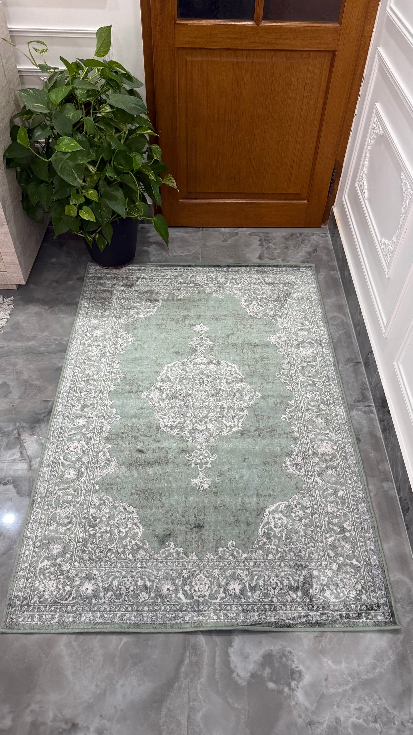 TAPIS VINTAGE VERT FLORAL - Avec Franges