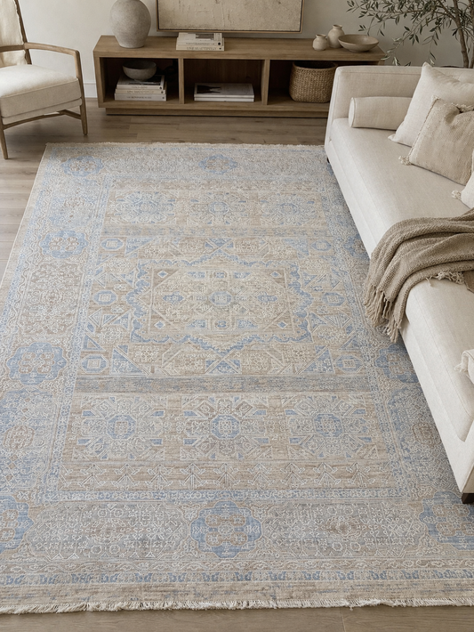 Tapis turc beige bleu pièce unique 200/290