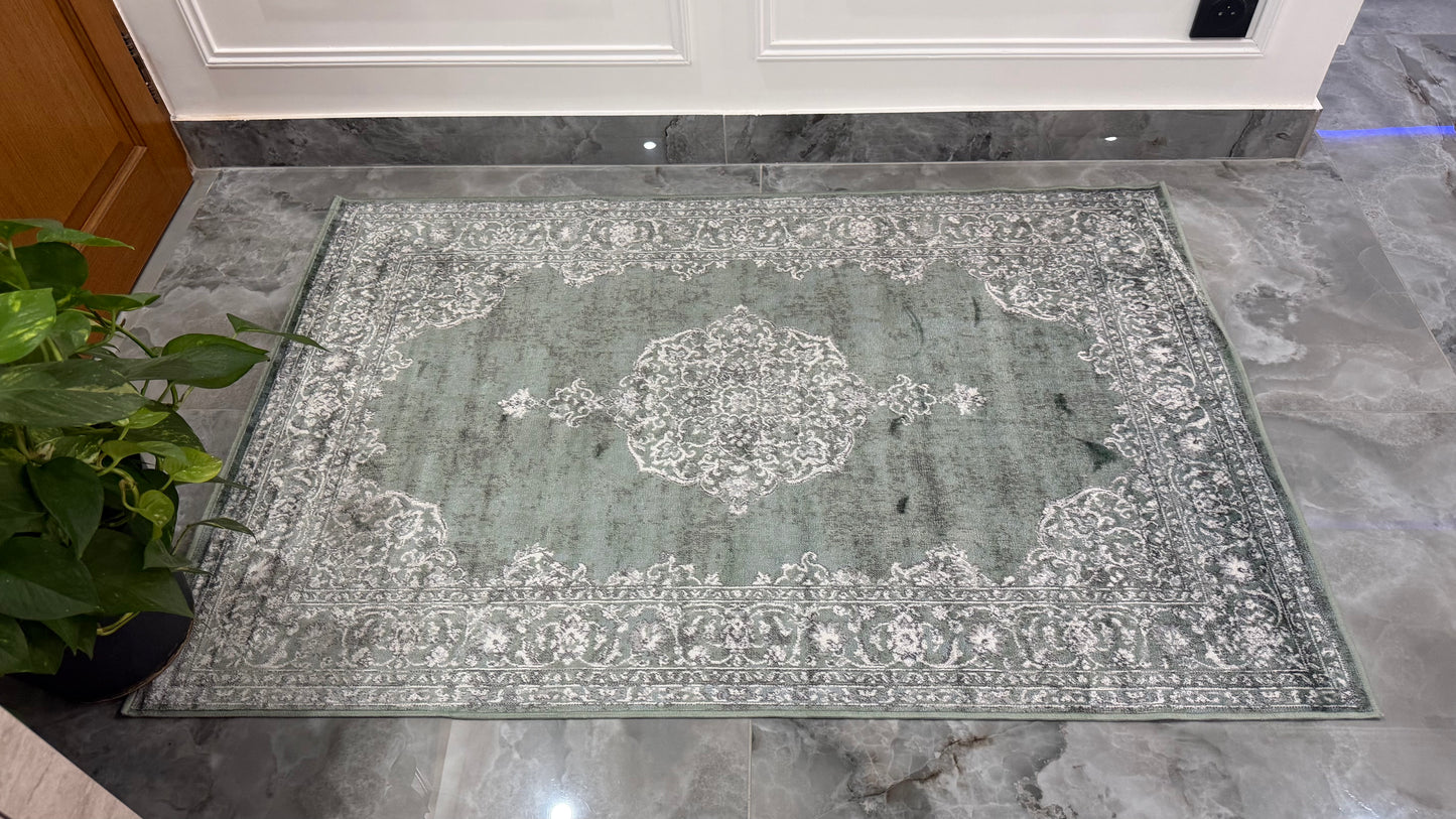 TAPIS VINTAGES VERT FLORAL - Sans Franges
