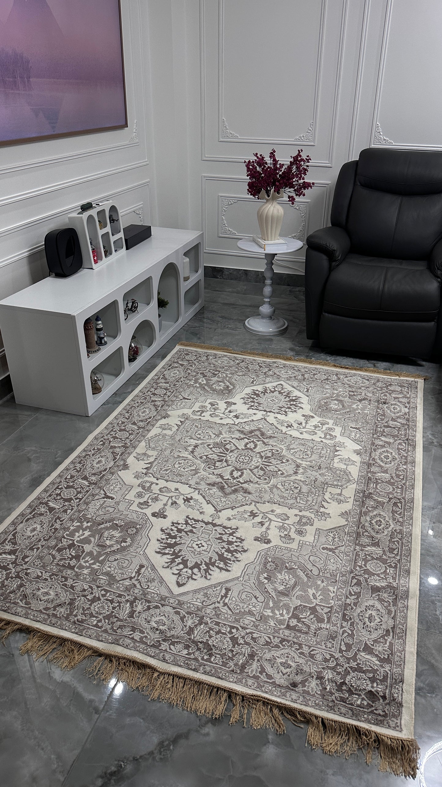 TAPIS VINTAGE MARON FLORAL - Avec Franges